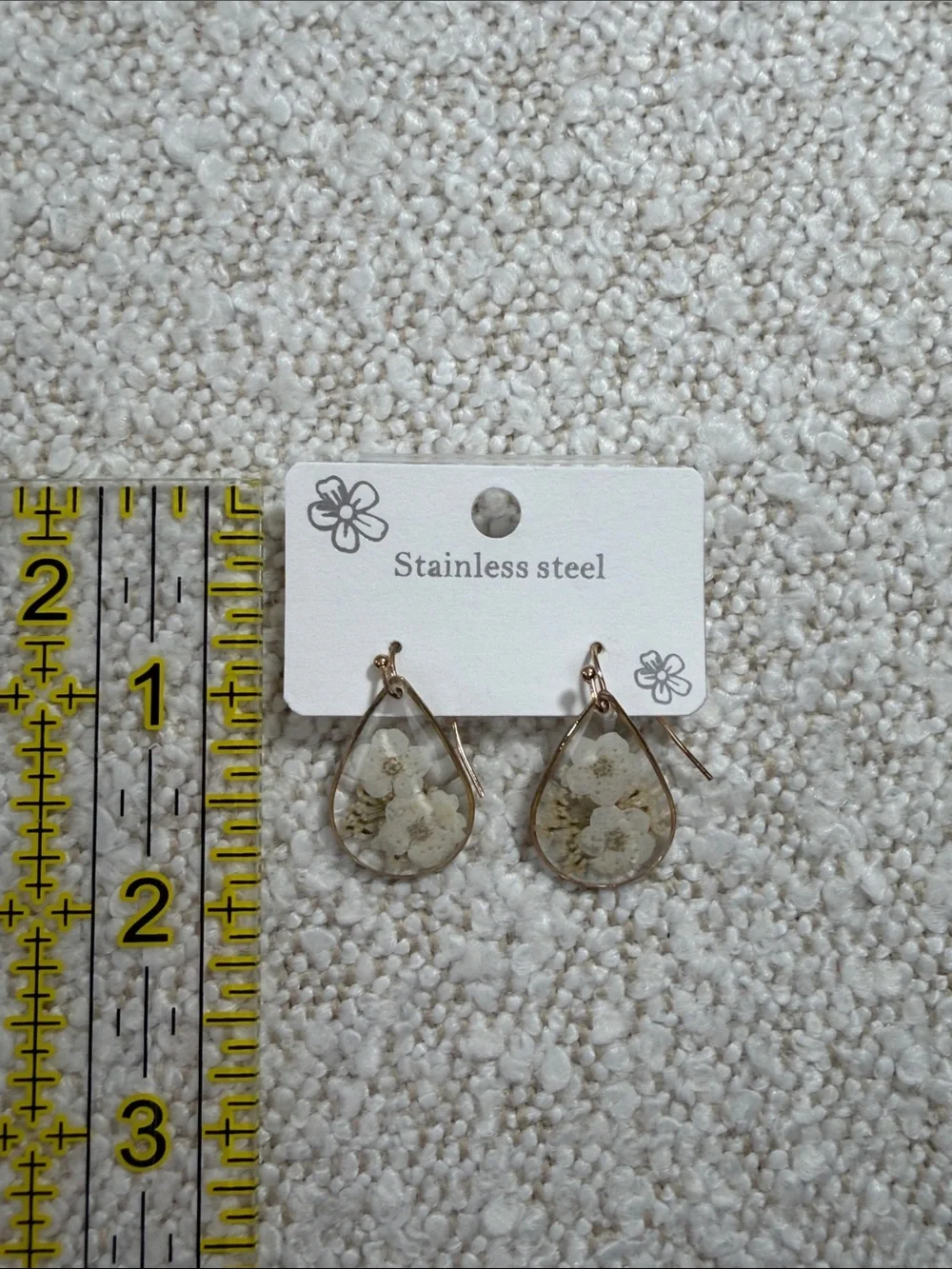 Stainless Steel White Floral Teardrop Earrings